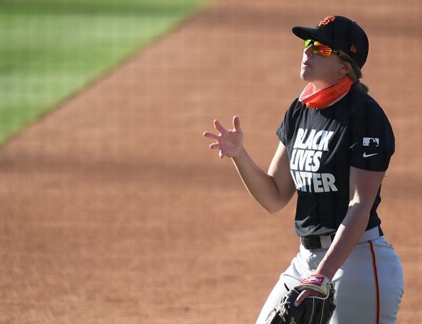 MLB on X: .@SFGiants' Alyssa Nakken becomes the first woman to coach on  the field in an MLB game, taking over as first-base coach tonight.    / X